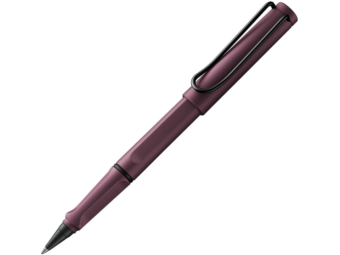 LAMY safari rollerball pen with scarlet ASA plastic body, ergonomic grip section and spring-loaded metal clip