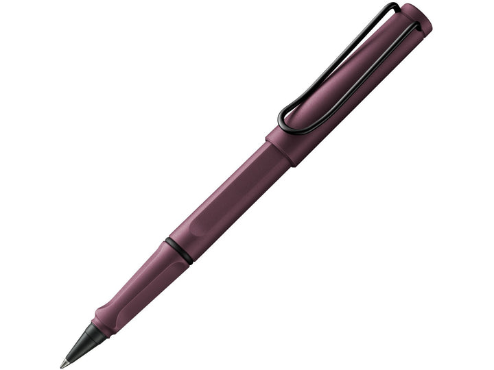 LAMY safari rollerball pen with scarlet ASA plastic body, ergonomic grip section and spring-loaded metal clip