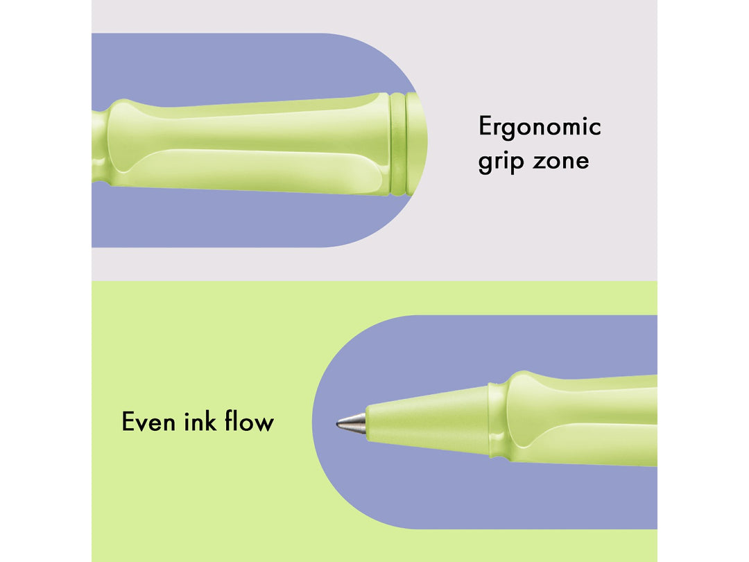 LAMY safari rollerball pen feature graphic showing ergonomic moulded grip section and smooth rollerball writing performance in spring green finish