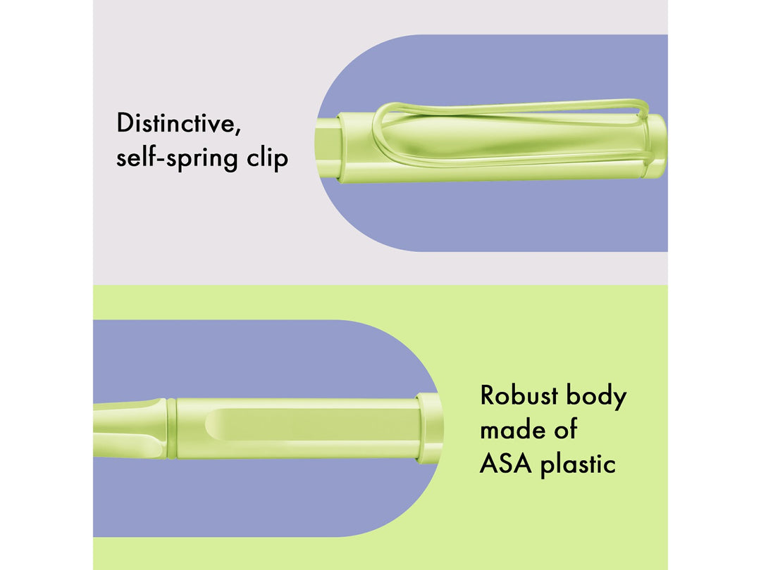 LAMY safari rollerball pen feature graphic showing spring-loaded metal clip and durable ASA plastic body construction in spring green finish
