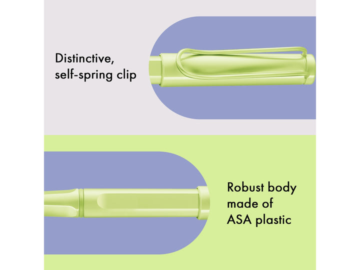 LAMY safari rollerball pen feature graphic showing spring-loaded metal clip and durable ASA plastic body construction in spring green finish