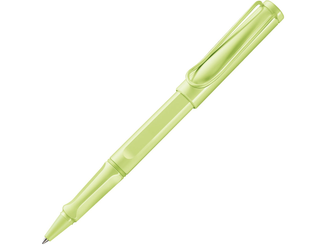 LAMY safari rollerball pen in spring green with ergonomic grip section and spring-loaded metal clip