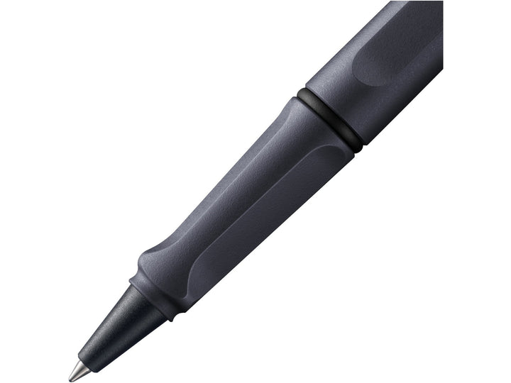 LAMY safari rollerball pen grip detail in steel black with ergonomic moulded grip section
