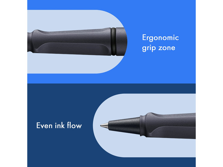 LAMY safari rollerball pen feature graphic showing ergonomic moulded grip section and smooth rollerball writing performance in steel black finish