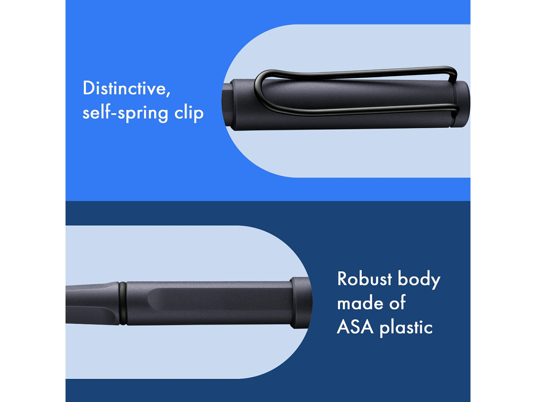 LAMY safari rollerball pen feature graphic showing spring-loaded metal clip and durable ASA plastic body construction in steel black finish