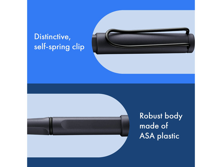 LAMY safari rollerball pen feature graphic showing spring-loaded metal clip and durable ASA plastic body construction in steel black finish