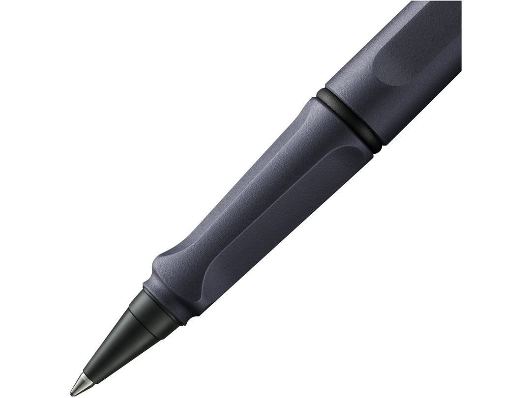 LAMY safari rollerball pen grip detail with ergonomic moulded grip section and rollerball writing tip in steel black finish