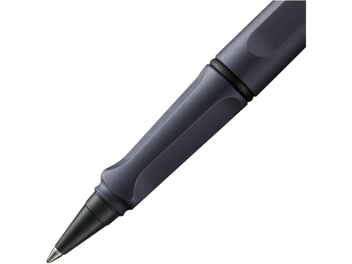LAMY safari rollerball pen grip detail with ergonomic moulded grip section and rollerball writing tip in steel black finish