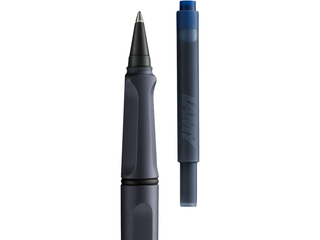 LAMY safari rollerball pen with removable rollerball section and compatible LAMY T10 ink cartridge
