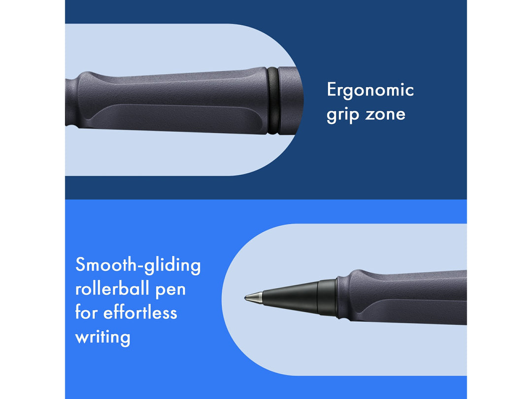 LAMY safari roll-ink rollerball pen feature graphic showing ergonomic moulded grip section and smooth liquid ink rollerball writing performance