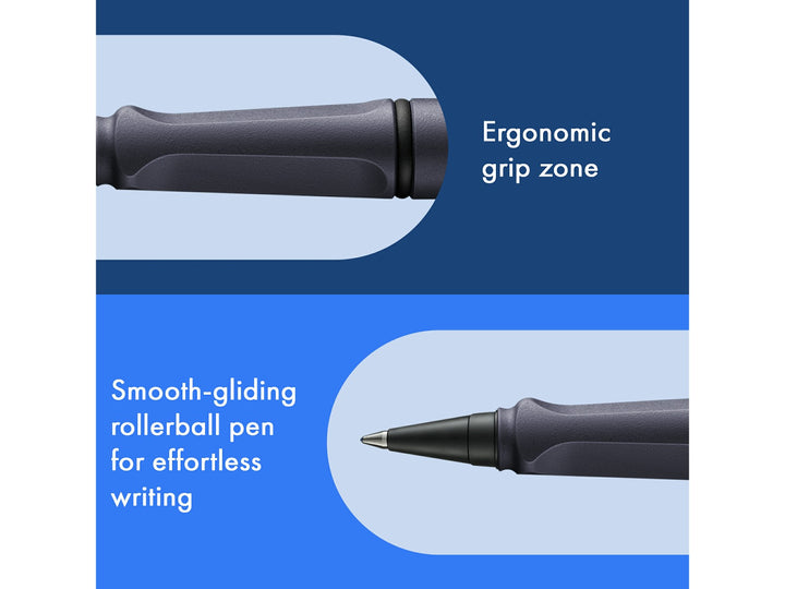LAMY safari roll-ink rollerball pen feature graphic showing ergonomic moulded grip section and smooth liquid ink rollerball writing performance