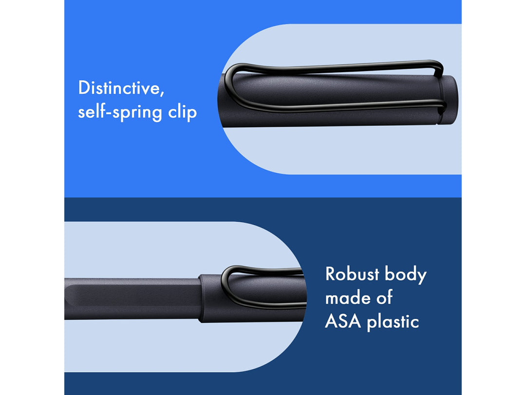 LAMY safari rollerball pen feature graphic showing spring-loaded metal clip and durable ASA plastic body construction in steel black finish