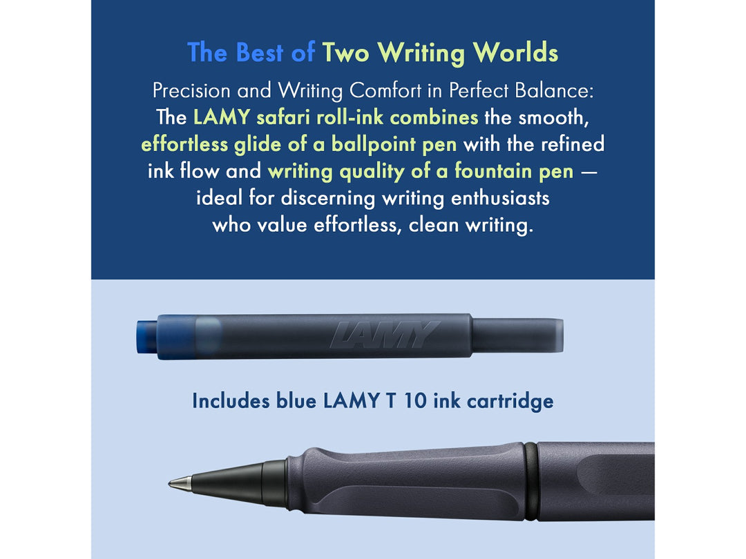 LAMY safari roll-ink rollerball pen feature graphic showing compatible LAMY T10 ink cartridge and liquid ink rollerball writing system