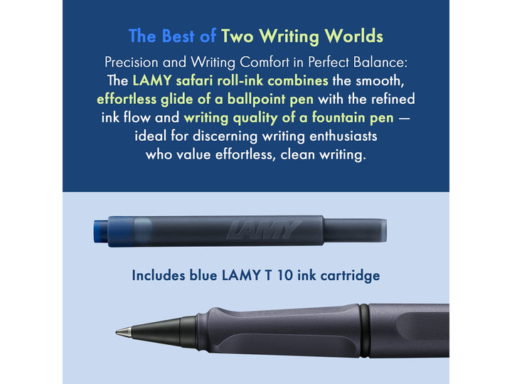 LAMY safari roll-ink rollerball pen feature graphic showing compatible LAMY T10 ink cartridge and liquid ink rollerball writing system