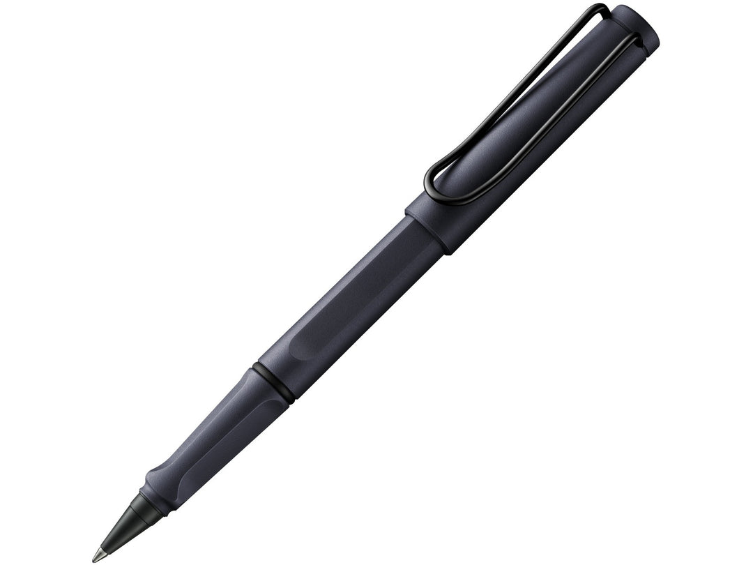 LAMY safari rollerball pen with steel black ASA plastic body, ergonomic grip section and spring-loaded metal clip