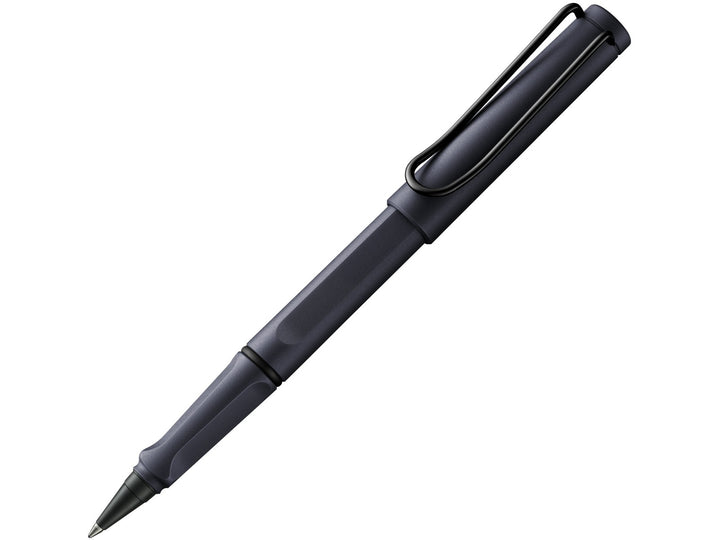 LAMY safari rollerball pen with steel black ASA plastic body, ergonomic grip section and spring-loaded metal clip