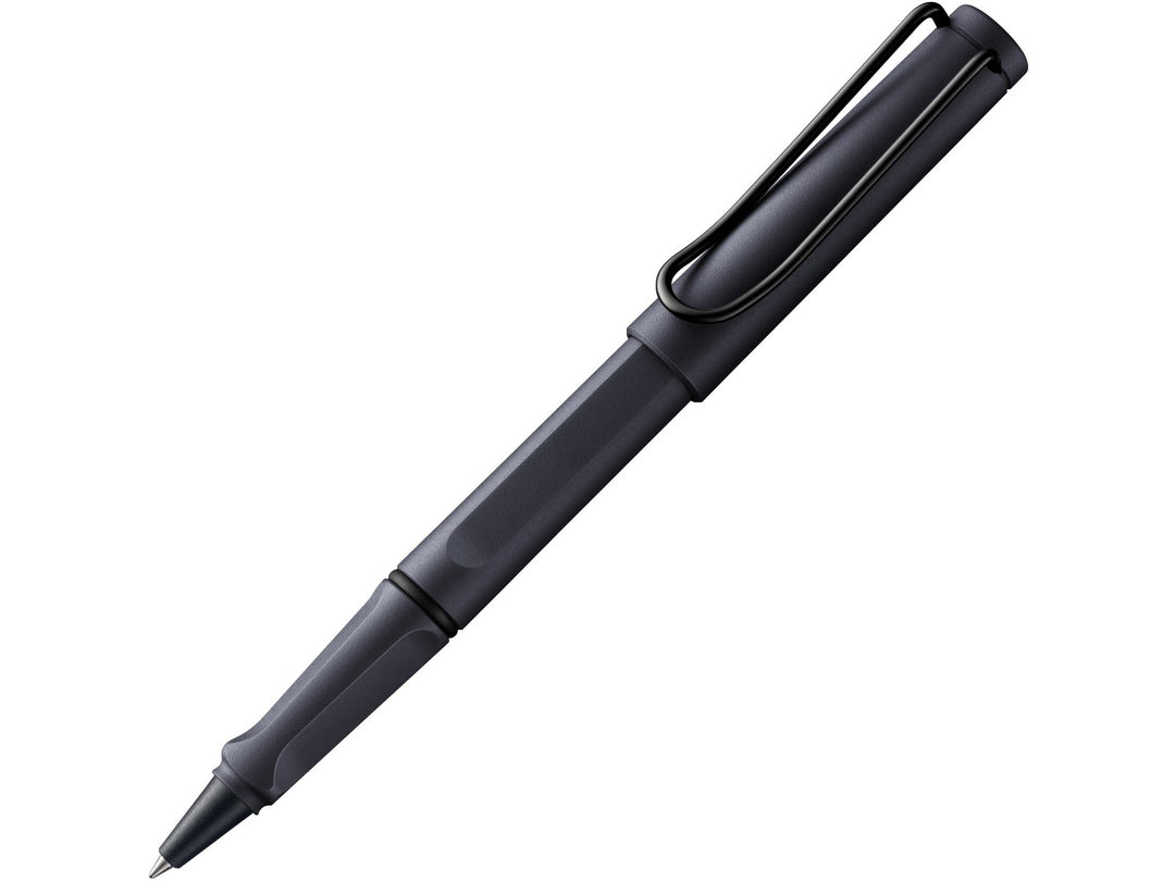 LAMY safari rollerball pen in steel black with ergonomic grip section and spring-loaded metal clip