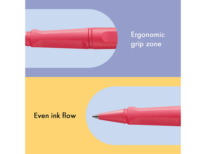 LAMY safari Rollerball Pen Sunset Special Edition feature graphic showing ergonomic grip section and smooth rollerball writing performance