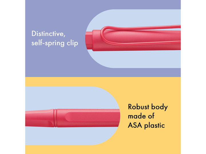 LAMY safari Rollerball Pen Sunset Special Edition feature graphic showing spring-loaded metal clip and durable ASA plastic body construction