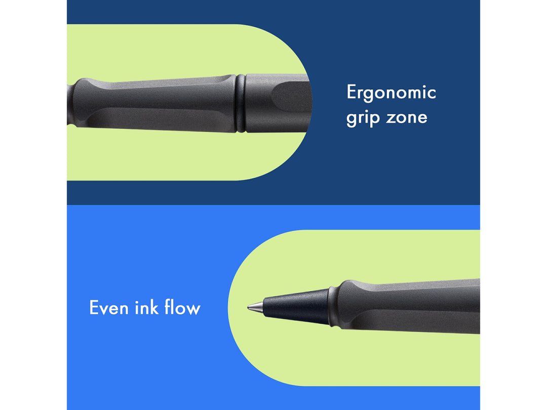 LAMY safari rollerball pen feature graphic showing ergonomic moulded grip section and smooth rollerball writing performance in umbra finish