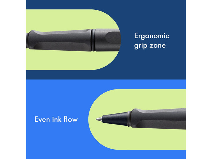 LAMY safari rollerball pen feature graphic showing ergonomic moulded grip section and smooth rollerball writing performance in umbra finish