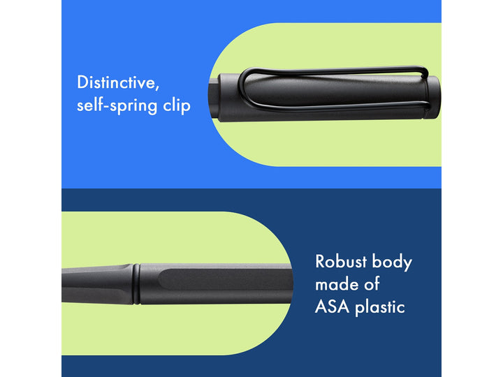 LAMY safari rollerball pen feature graphic showing spring-loaded metal clip and durable ASA plastic body construction in umbra finish