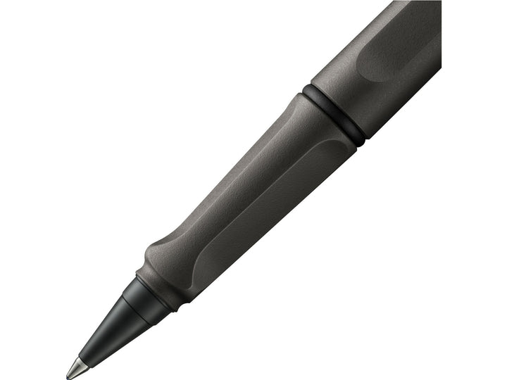 LAMY safari rollerball pen grip detail with ergonomic moulded grip section and rollerball writing tip in umbra finish