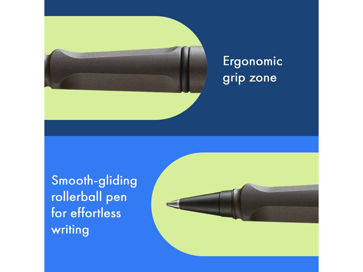LAMY safari roll-ink rollerball pen feature graphic showing ergonomic moulded grip section and smooth liquid ink rollerball writing performance