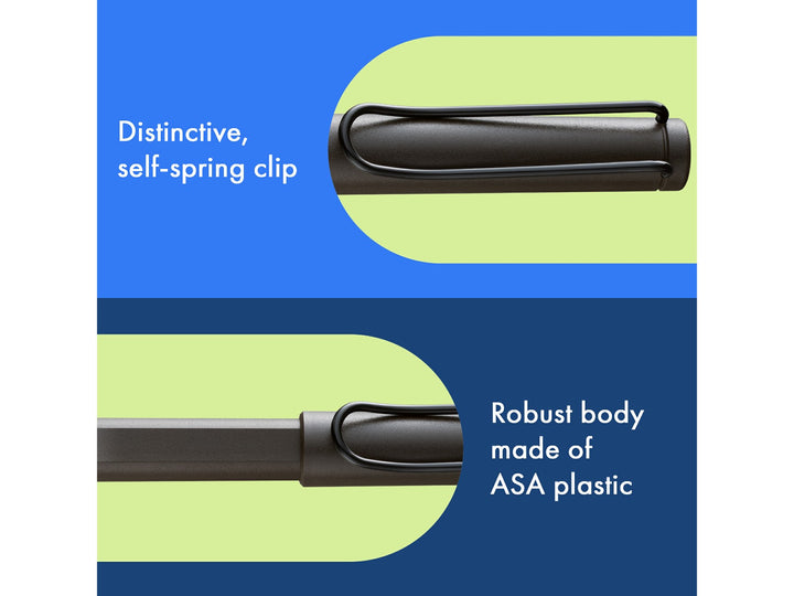 LAMY safari rollerball pen feature graphic showing spring-loaded metal clip and durable ASA plastic body construction in umbra finish