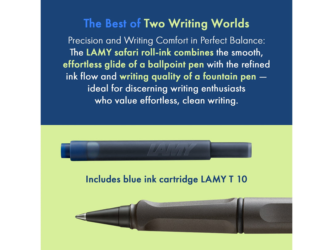 LAMY safari roll-ink rollerball pen feature graphic showing compatible LAMY T10 ink cartridge and liquid ink rollerball writing system