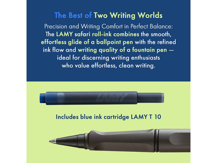 LAMY safari roll-ink rollerball pen feature graphic showing compatible LAMY T10 ink cartridge and liquid ink rollerball writing system