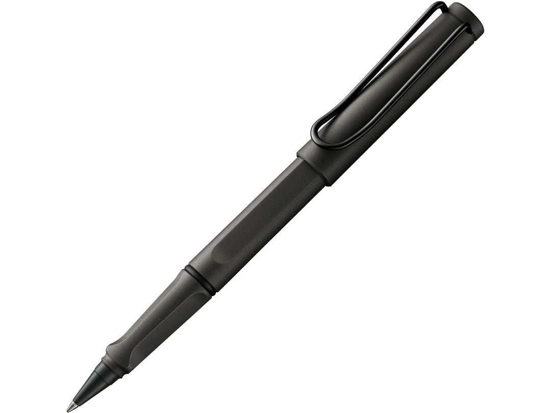 LAMY safari rollerball pen with umbra ASA plastic body, ergonomic grip section and spring-loaded metal clip
