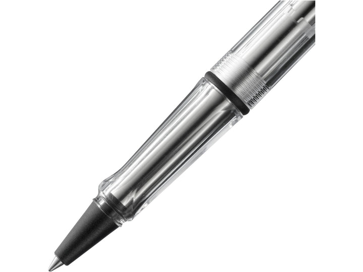 LAMY safari rollerball pen grip detail in Vista with transparent ergonomic grip section and rollerball writing tip