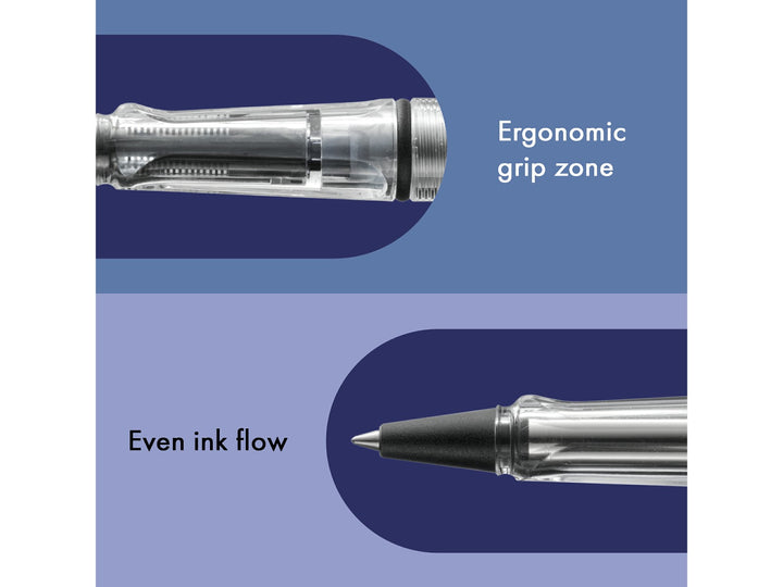 LAMY safari rollerball pen feature graphic showing transparent Vista grip section and smooth rollerball writing performance