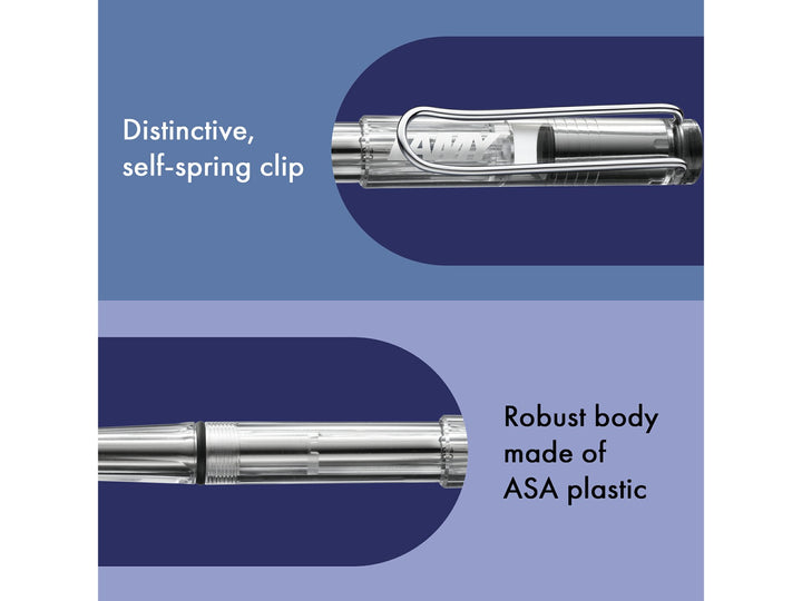 LAMY safari rollerball pen feature graphic showing transparent Vista body, spring-loaded metal clip and durable ASA plastic construction