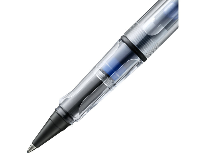 LAMY safari rollerball pen grip detail with transparent ergonomic moulded grip section and rollerball writing tip in vista finish