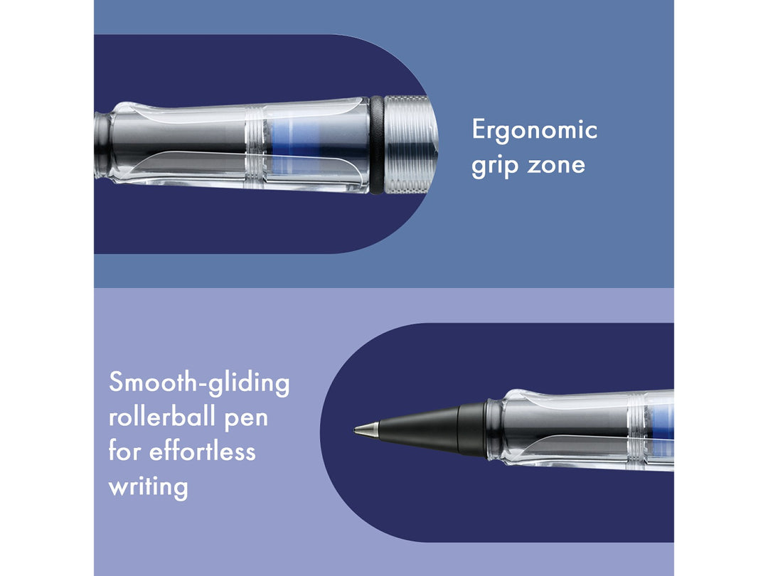 LAMY safari roll-ink rollerball pen feature graphic showing transparent ergonomic moulded grip section and smooth liquid ink rollerball writing performance