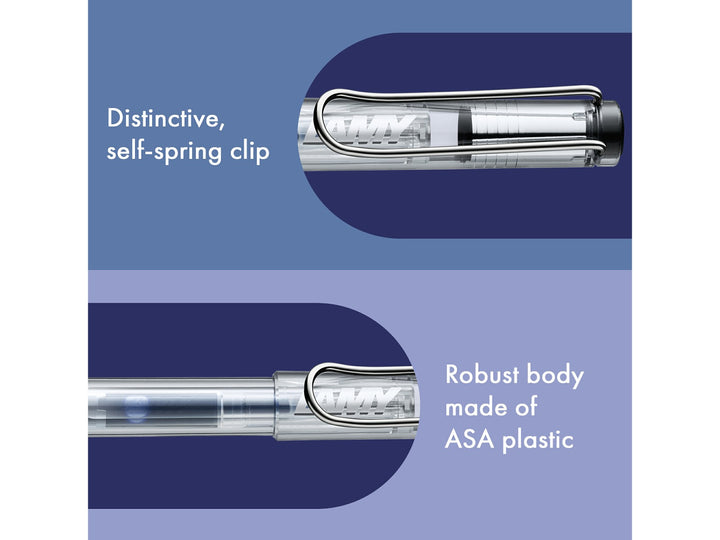 LAMY safari rollerball pen feature graphic showing spring-loaded metal clip and durable transparent ASA plastic body construction in vista finish