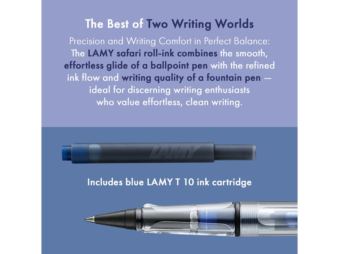 LAMY safari roll-ink rollerball pen feature graphic showing compatible LAMY T10 ink cartridge and liquid ink rollerball writing system