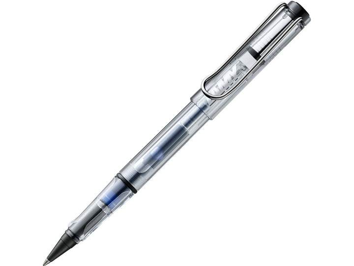 LAMY safari rollerball pen with transparent vista ASA plastic body, ergonomic grip section and spring-loaded metal clip