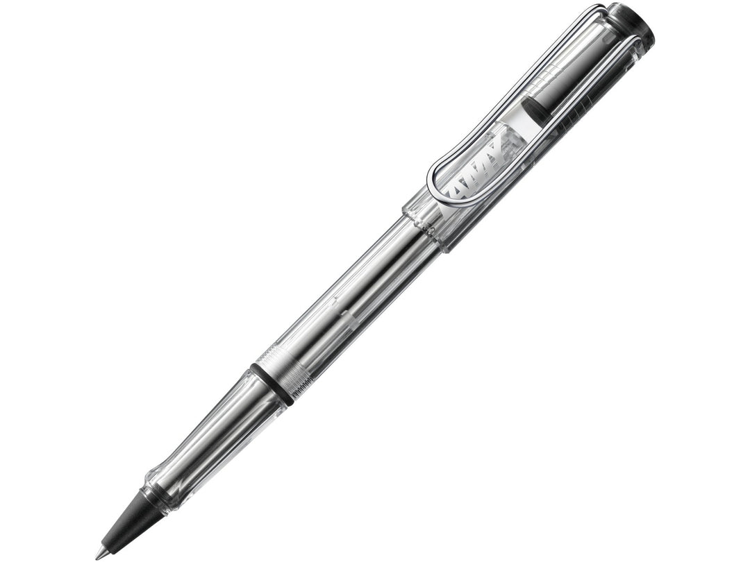 LAMY safari rollerball pen in Vista with transparent body, ergonomic grip section and spring-loaded metal clip