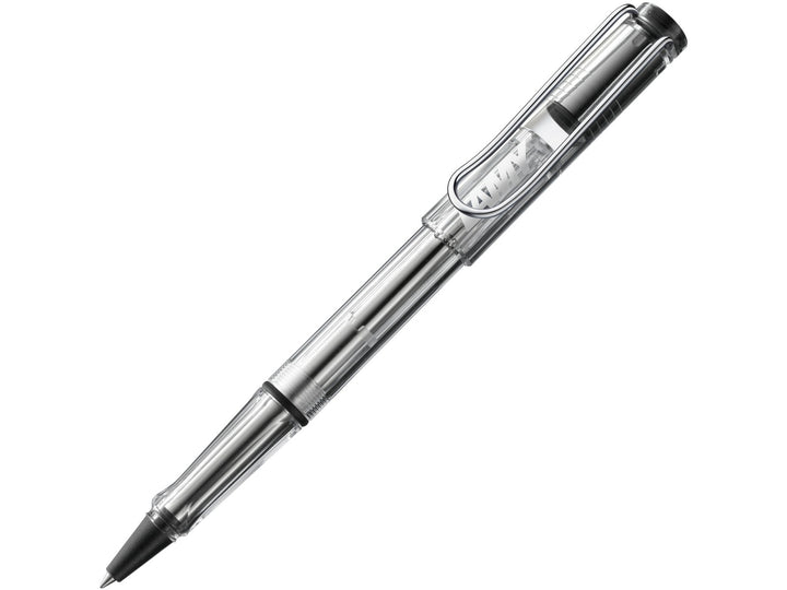 LAMY safari rollerball pen in Vista with transparent body, ergonomic grip section and spring-loaded metal clip