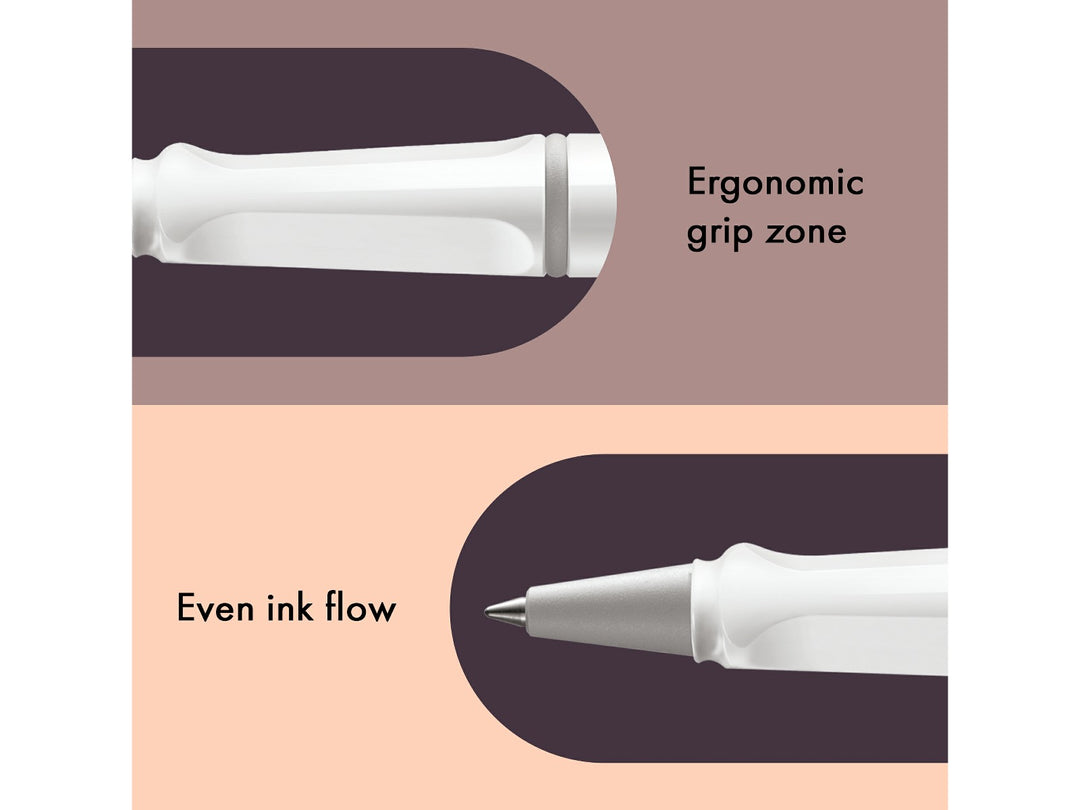 LAMY safari rollerball pen feature graphic showing ergonomic moulded grip section and smooth rollerball writing performance in white finish