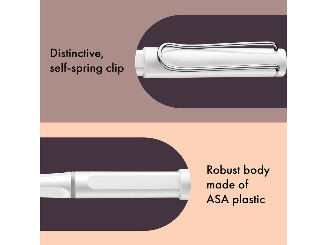 LAMY safari rollerball pen feature graphic showing spring-loaded metal clip and durable ASA plastic body construction in white finish