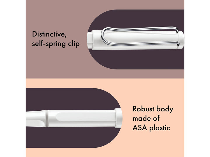 LAMY safari rollerball pen feature graphic showing spring-loaded metal clip and durable ASA plastic body construction in white finish