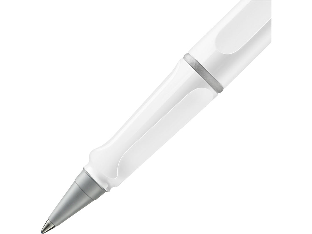 LAMY safari rollerball pen grip detail with ergonomic moulded grip section and rollerball writing tip in white finish