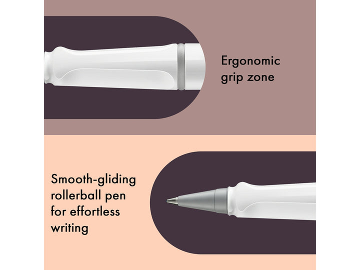 LAMY safari roll-ink rollerball pen feature graphic showing ergonomic moulded grip section and smooth liquid ink rollerball writing performance