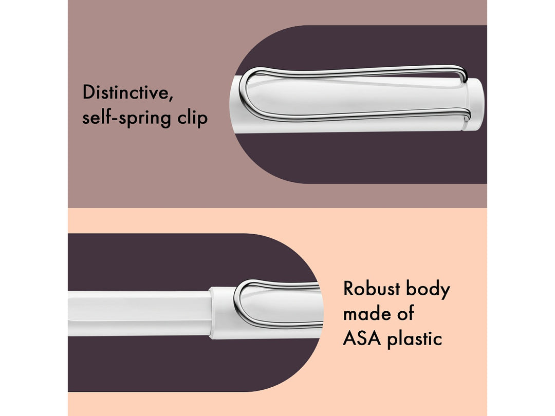 LAMY safari rollerball pen feature graphic showing spring-loaded metal clip and durable ASA plastic body construction in white finish