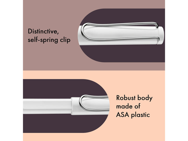 LAMY safari rollerball pen feature graphic showing spring-loaded metal clip and durable ASA plastic body construction in white finish