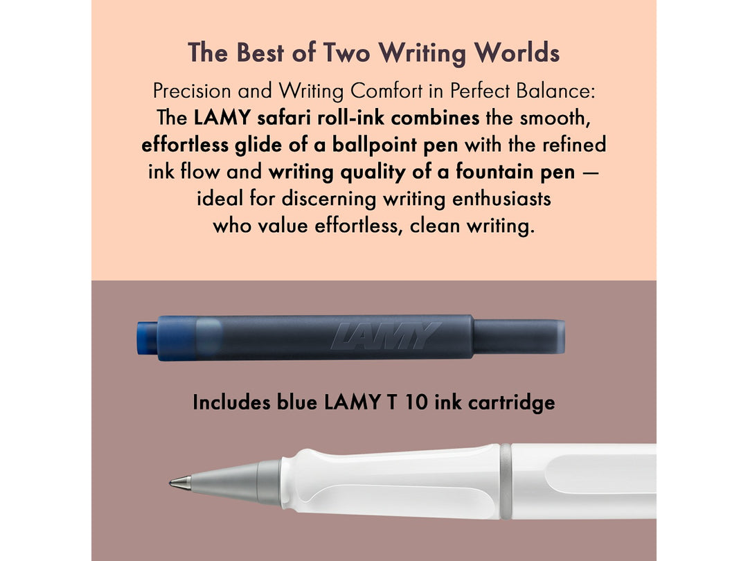 LAMY safari roll-ink rollerball pen feature graphic showing compatible LAMY T10 ink cartridge and liquid ink rollerball writing system